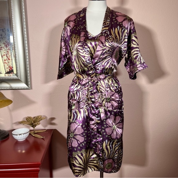 Vintage retro Asian floral royal purple green satin mini slip dress Robe set - Picture 7 of 16